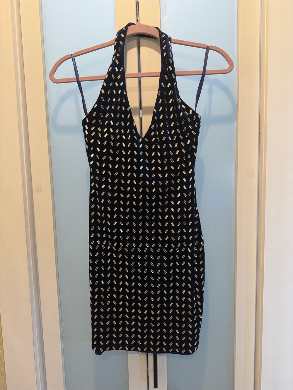 B Darlin Black Halter V-Neck Mini Dress with Iridescent Diamond Print